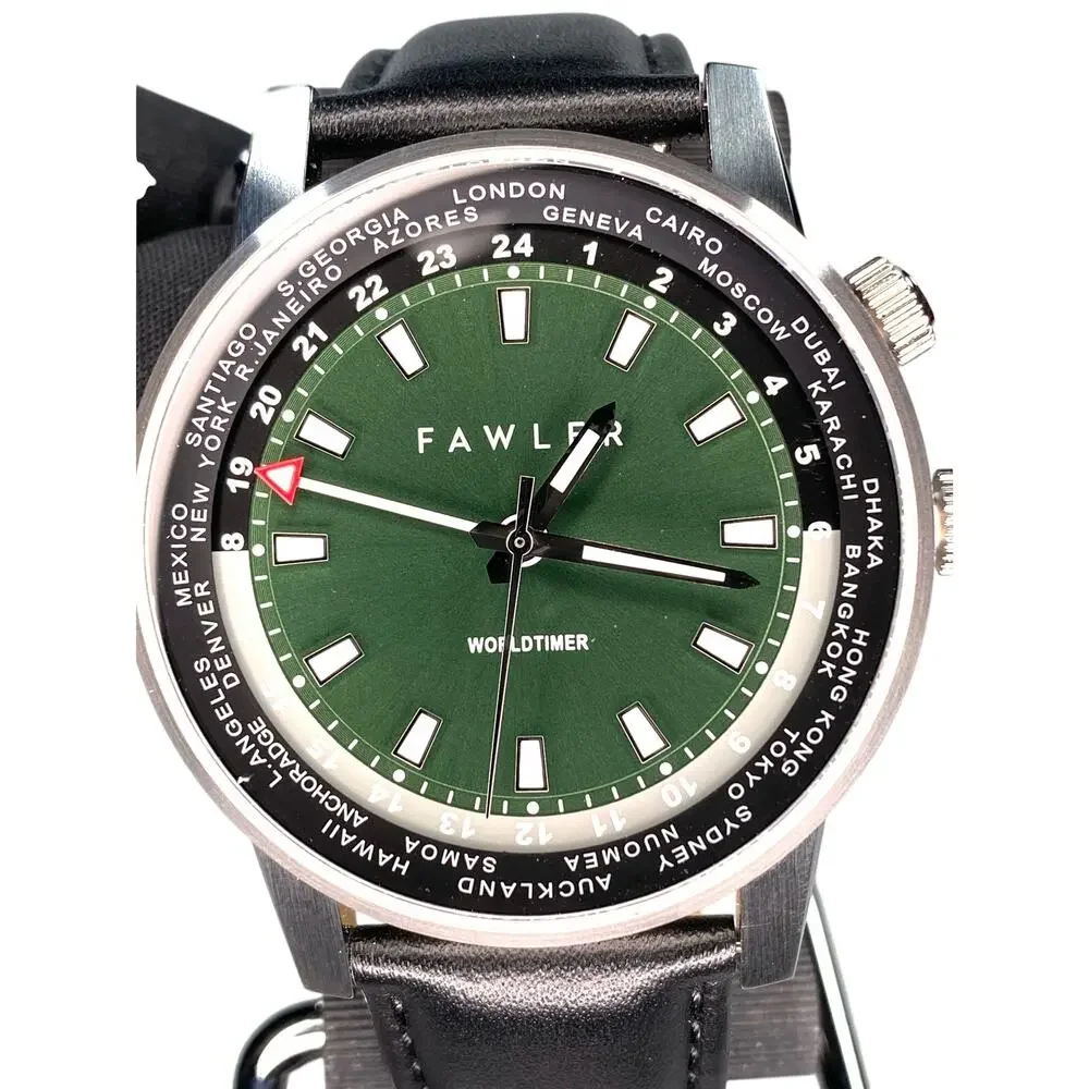 Fawler Gentium GMT World Time Watch 42mm Green Ombre Dial Swiss Ronda 515 Travel